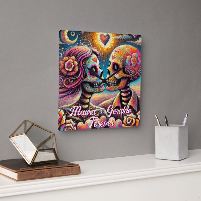 Sugar Skulls in Love Chalk Pastel Personalized Fyrkantig Klocka (Kontor)