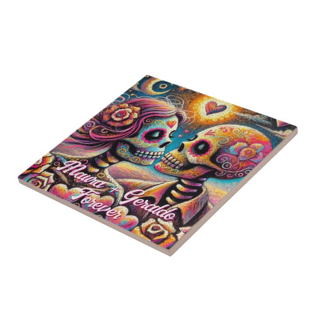 Sugar Skulls in Love Chalk Pastel Personalized Kakelplatta (Sidan)