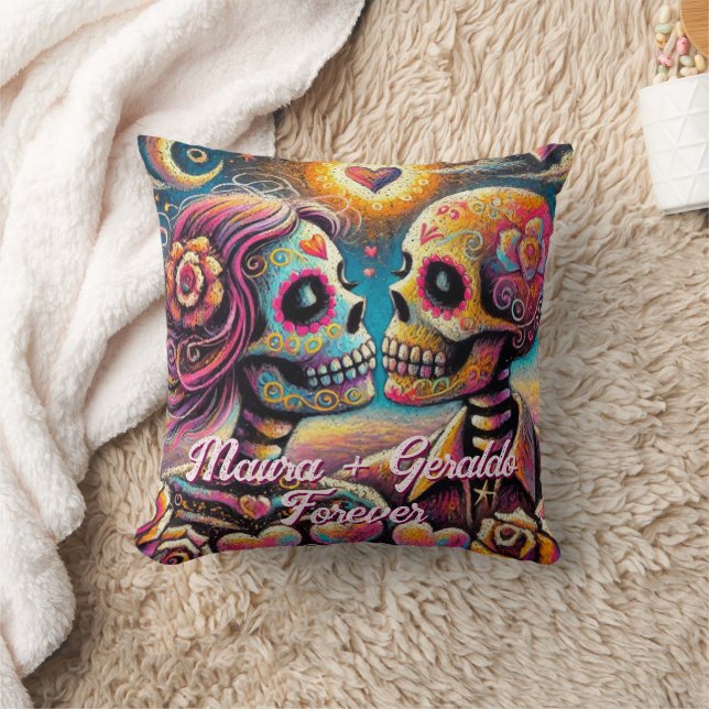 Sugar Skulls in Love Chalk Pastel Personalized Kudde (Filt)