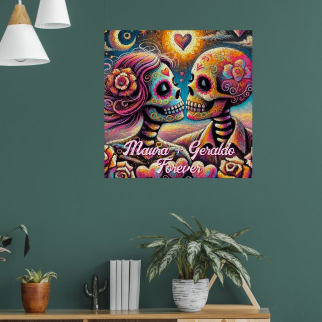 Sugar Skulls in Love Chalk Pastel Personalized Poster (Vardagsrum 1)