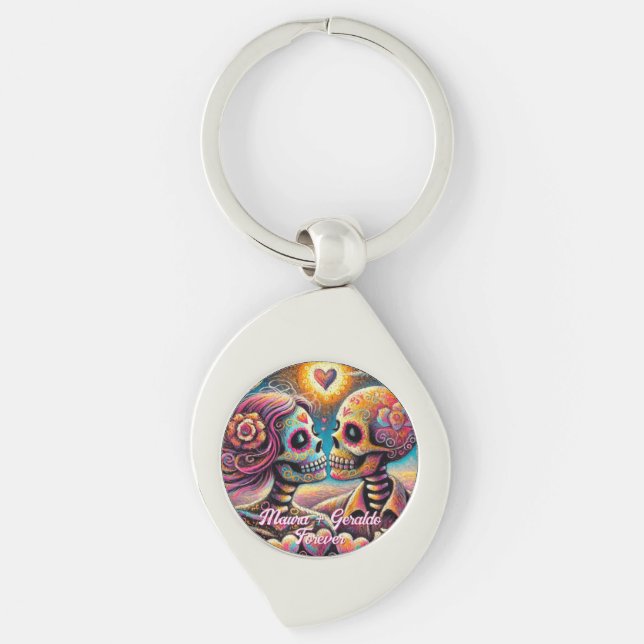 Sugar Skulls in Love Chalk Pastel Personalized Swirl Silverfärgad Nyckelring (Framsidan)