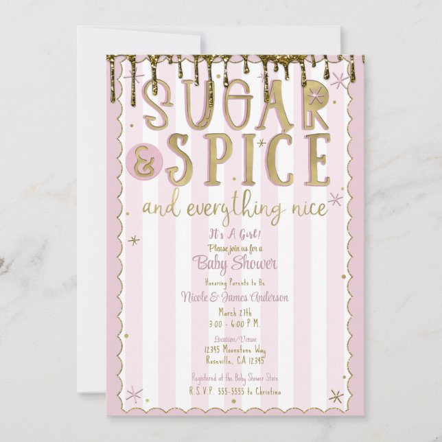 SUGAR & SPICE Guld Glitter Rosa Baby Shower Inbjudningar (Framsida)