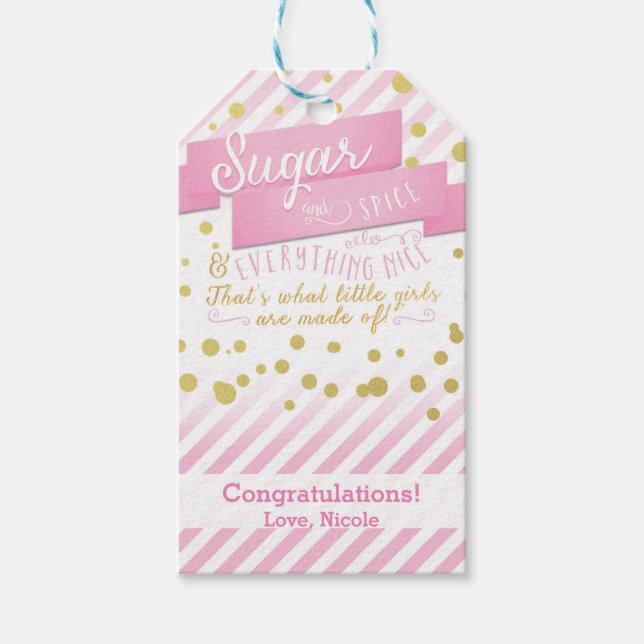 Sugar & Spice Rosa & Guld Baby Shower Presentkort Presentetikett (Framsidan)