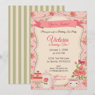 Sugar & Spice Tea Party (Rosa Blommigt) Inbjudningar