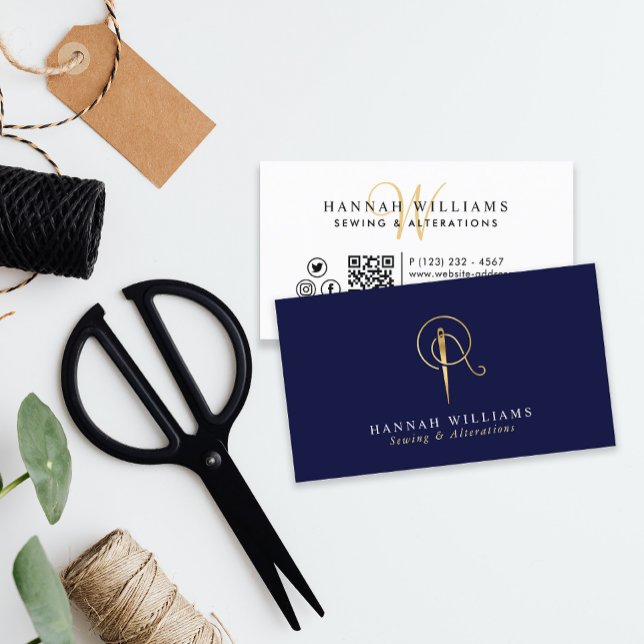 Suggor & Alterations Navy & Guld Monogram Visitkort (Skapare uppladdad)