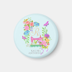Suggor Blommigt av band, monogram, blå nyckelkedja Magnet