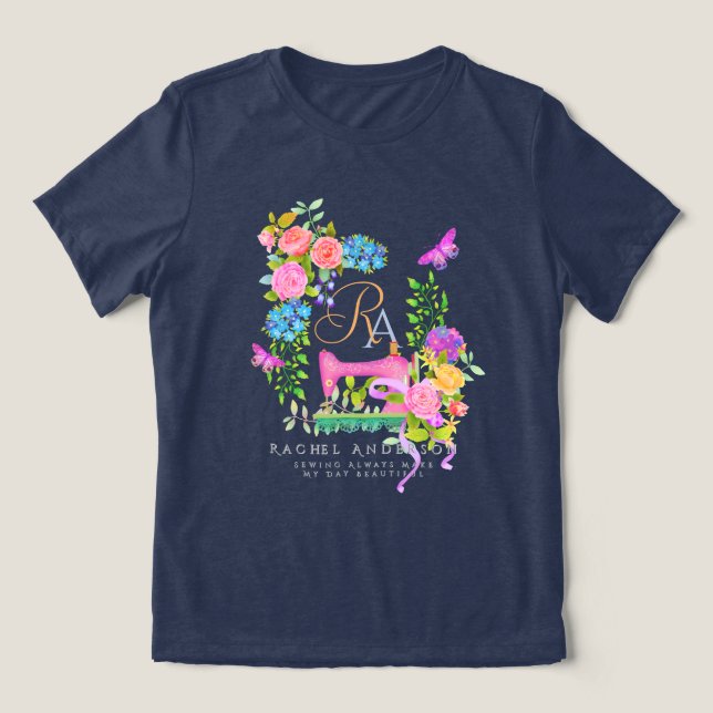 Suggor Ribbon Blommigt Monogram Navy T Shirt (Design Framsida)