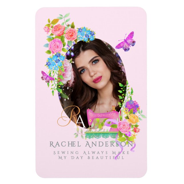 Suggor Ribbon Blommigt Monogram Photo Rosa Magnet (Vertikal)