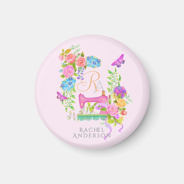 Suggor Ribbon Blommigt Monogram Rosa Keychain Magnet (Framsidan)