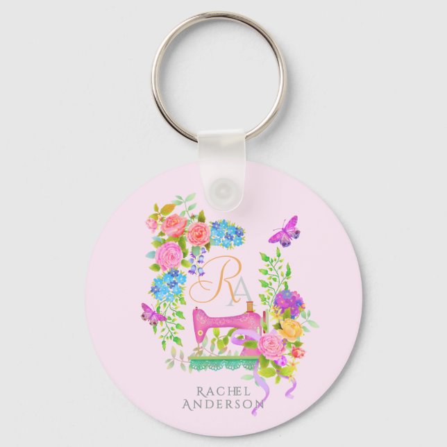 Suggor Ribbon Blommigt Monogram Rosa Keychain Nyckelring (Framsida)