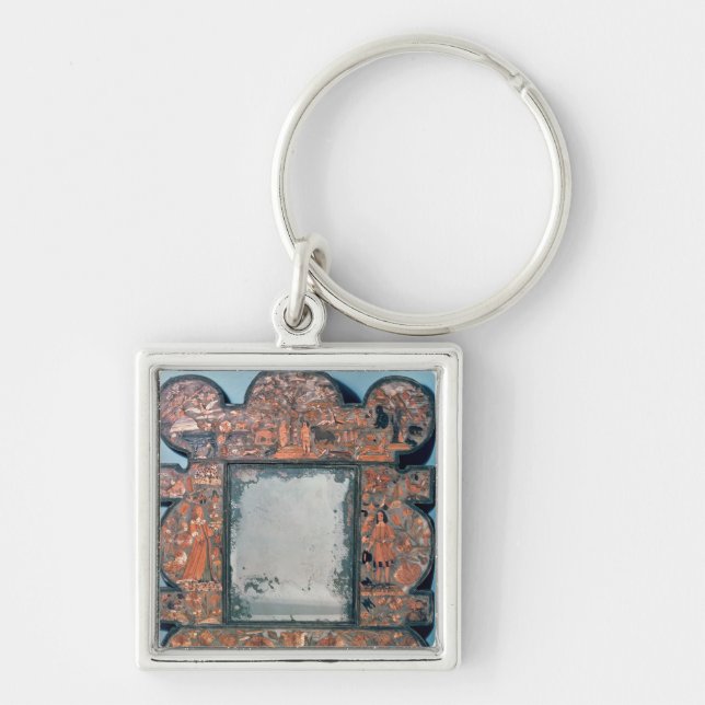 Sugrör-work spegelram, 1670-80 fyrkantig silverfärgad nyckelring (Framsidan)
