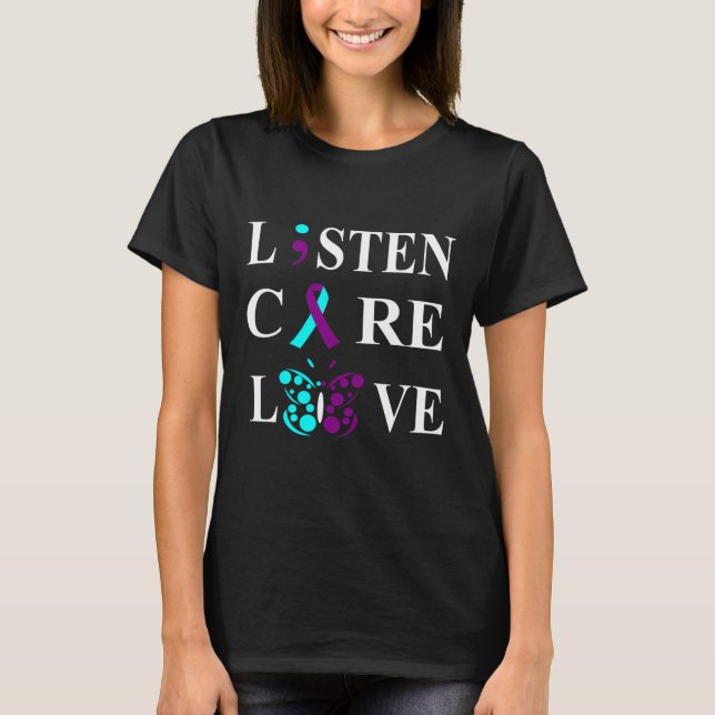 Suicide Awareness Semicolon Lila Teal Ribbon Gif T Shirt (Framsida)