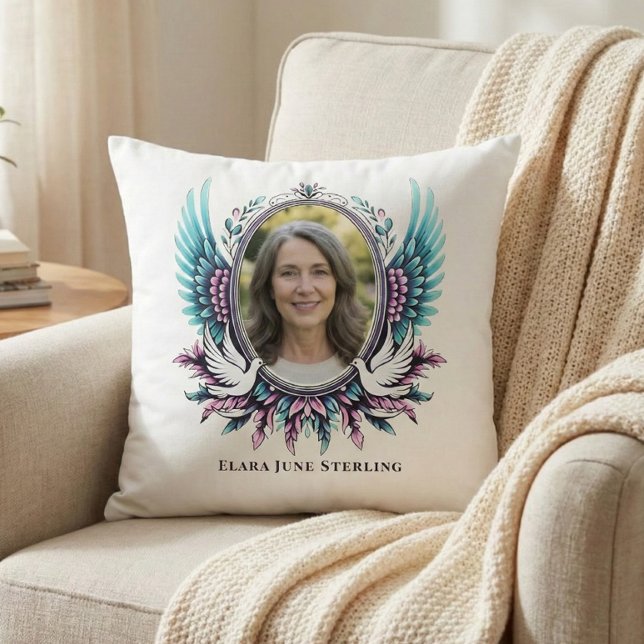 Suicide Loss Memorial Angel Wing Custom Photo Poem Kudde (Personalized Memorial, with Photo for Teal & Purple, Suicide Loss, Throw Pillow)