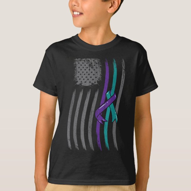 Suicide Prevention American Flag Purple Awareness  T Shirt (Framsida)