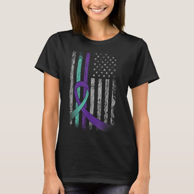 Suicide Prevention Awareness America Flag Teal Pur T Shirt (Framsida)