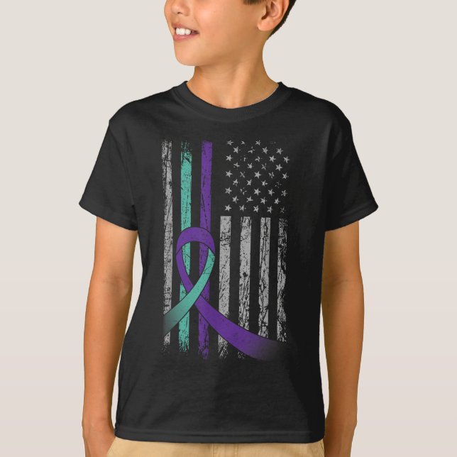 Suicide Prevention Awareness America Flag Teal Pur T Shirt (Framsida)