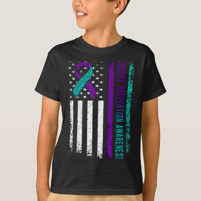 Suicide Prevention Awareness American Flag Ribbon  T Shirt (Framsida)