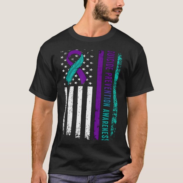 Suicide Prevention Awareness American Flag Ribbon  T Shirt (Framsida)
