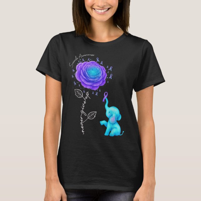 Suicide Prevention Teal Purple Flower Elephant Rib T Shirt (Framsida)