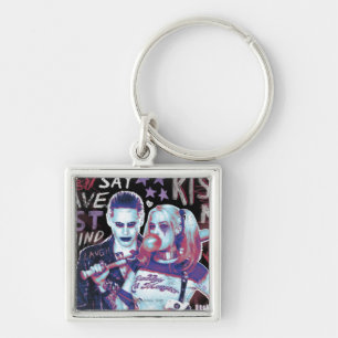 Suicide Squad Joker & Harley Typography Photo Fyrkantig Silverfärgad Nyckelring