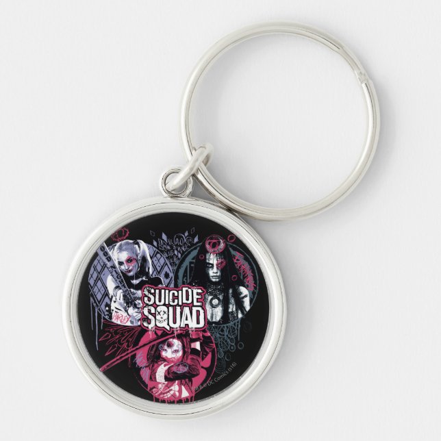 Suicide Squad | Squad Girls Graffiti Badges Rund Silverfärgad Nyckelring (Framsidan)
