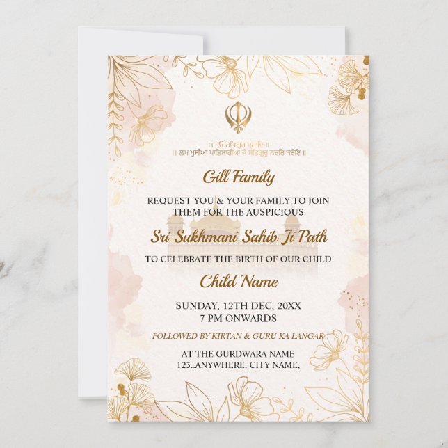 Sukhmani Sahib Paath Invitation Card Inbjudningar (Framsida)