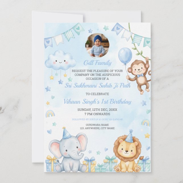 Sukhmani Sahib Path Baby Pojke 1-års födelsedagsko Inbjudningar (Framsida)