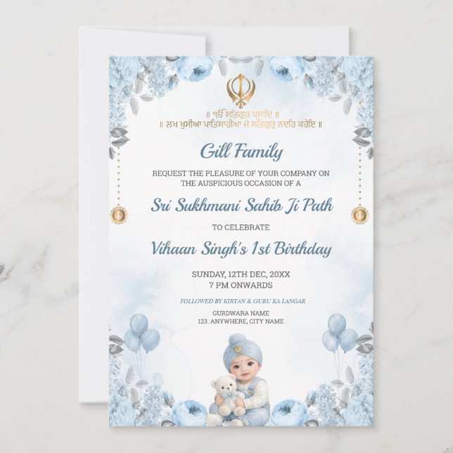 Sukhmani Sahib Path Baby Pojke Födelsedagsinbjudan Inbjudningar (Framsida)