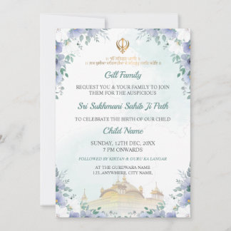 Sukhmani Sahib Path Invite, Birth Announce Card Inbjudningar