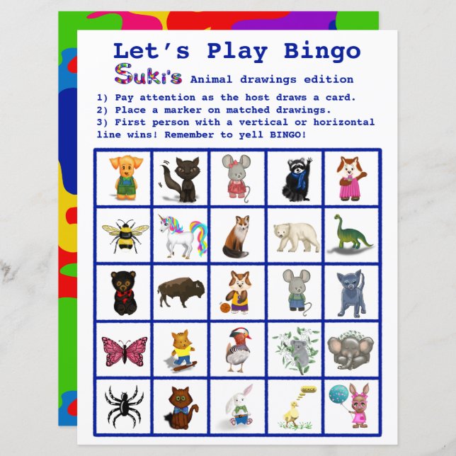 Sukis Animal Teckning Let's Play Bingo Party Game (Fram/baksida)