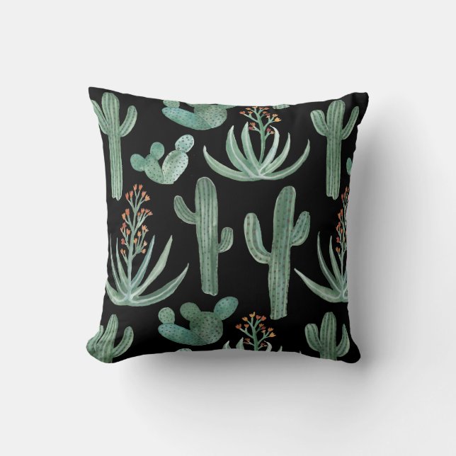 Sukkulor och saguaro cacti på svart bakgrund kudde (Framsida)