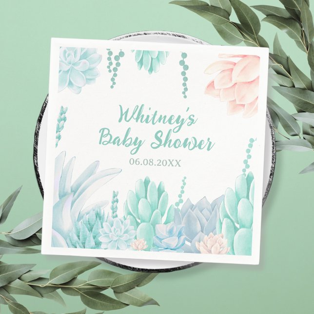Sukulär botaniskt vattenfärgspojkbabyskor pappersservett (Succulent Botanical Watercolor Boy Baby Shower Napkins)