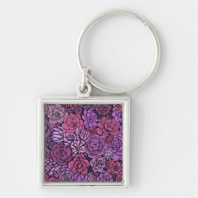 Sukulär trädgård i rosa och violett fyrkantig silverfärgad nyckelring (Framsidan)