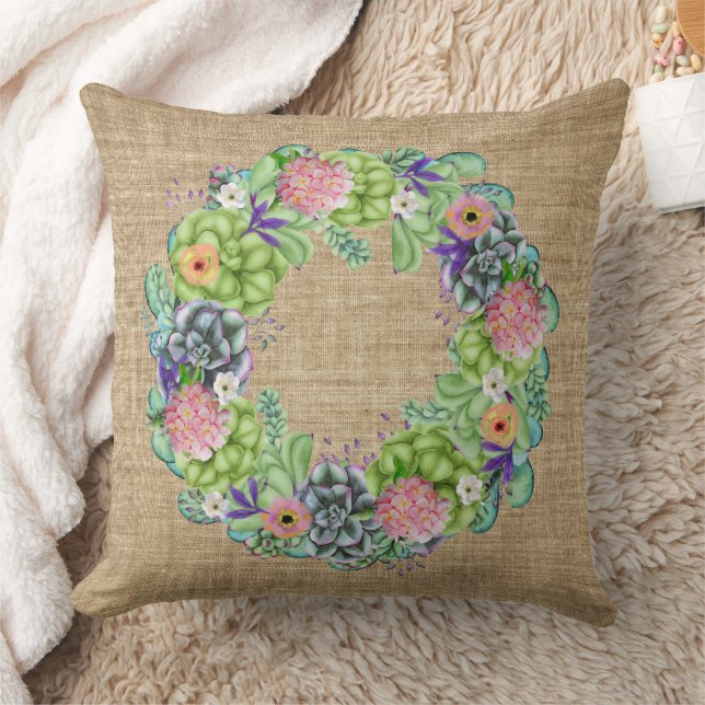 Sukulär vattenfärgad Blommigt Utandning på Tan Kudde (Filt)