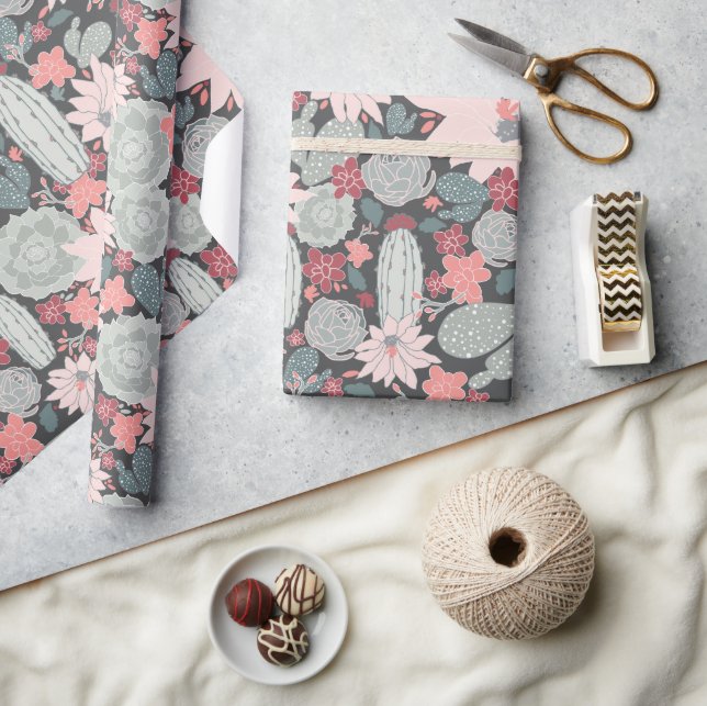 Sukulära växter och kaktus Mönster i Rosa Mint Presentpapper (Hantverk)