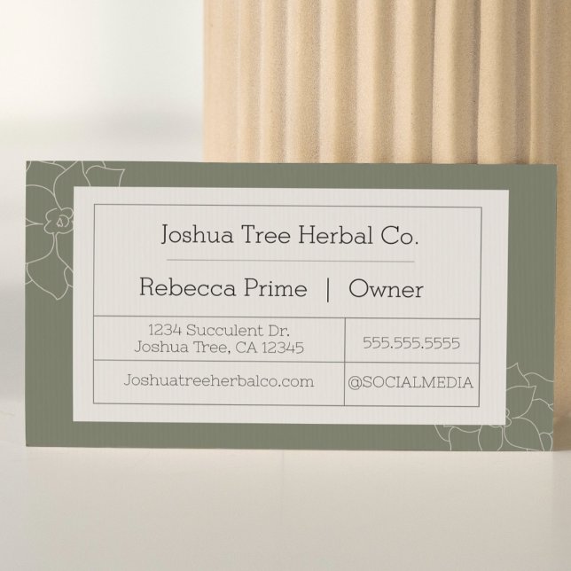 Sukulärt Affärskort | Apothecary stil Visitkort (succulent line art modern business card apothecary style herbalist natural green card)