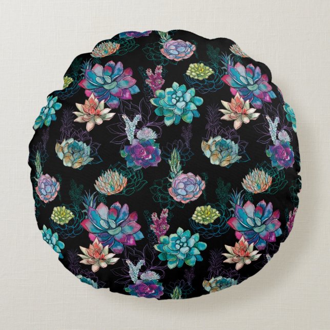 Sukulärt sömlöst Mönster  Rund Kudde (Framsidan)