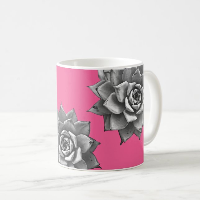 Sukulent vattenfärgat Grått på Shock rosa Kaffemugg (Framsida höger)