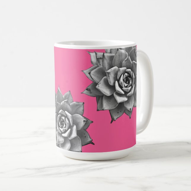Sukulent vattenfärgat Grått på Shock rosa Kaffemugg (Framsida höger)