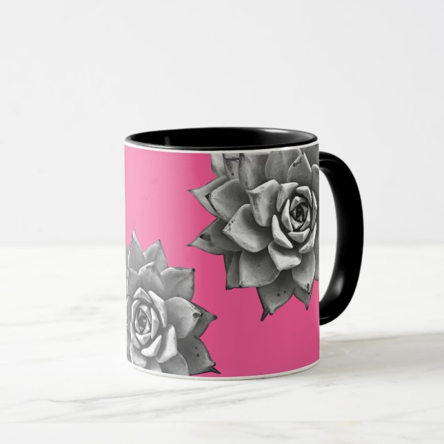 Sukulent vattenfärgat Grått på Shock rosa Mugg (Framsida höger)