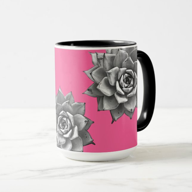 Sukulent vattenfärgat Grått på Shock rosa Mugg (Framsida höger)