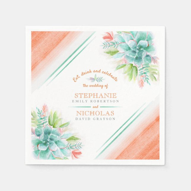 Sukulent vattenfärgsfärgad grönt orange bröllop pappersservett (Framsidan)