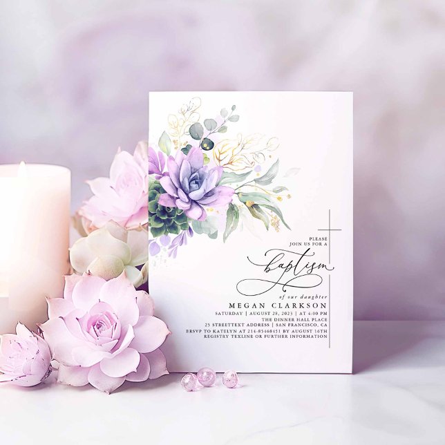 Sukulenter Grönska Guldblad Elegant Dop In Inbjudningar (Purple Succulents Greenery Baptism Invitations)