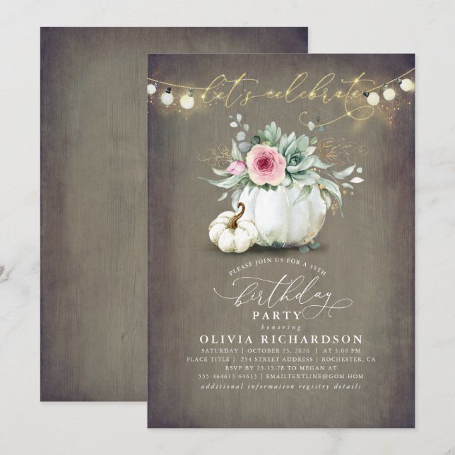 Sukulor och Pumpkins Fall Rustic Birthday Inbjudningar (Fram/baksida)