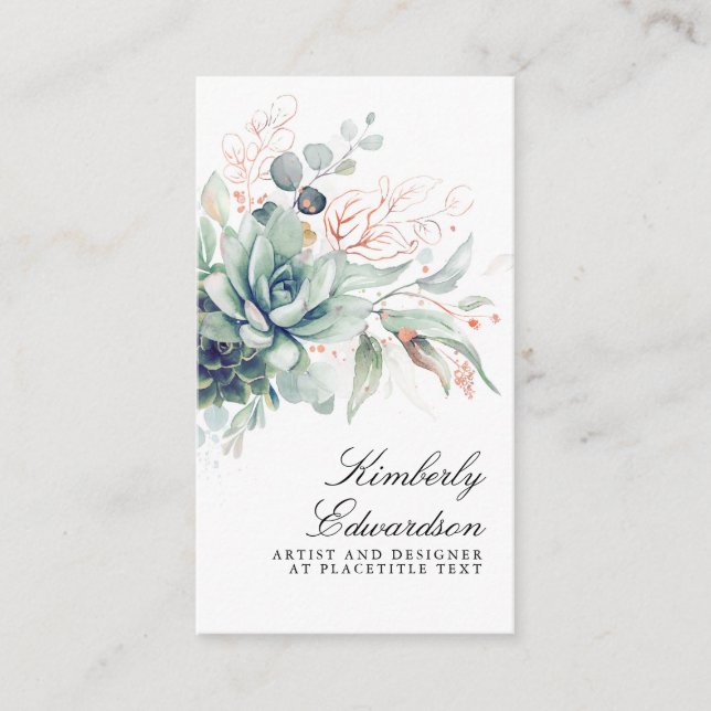 Sukulor och Ro Guld Greenery Elegant Boho Visitkort (Framsida)