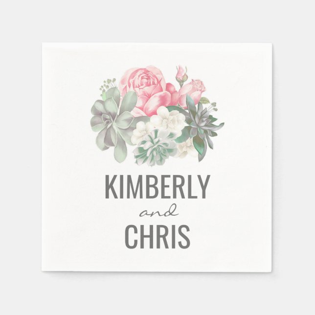 Sukulor och Rosa Blommigt Bouquet Bröllop Pappersservett (Framsidan)