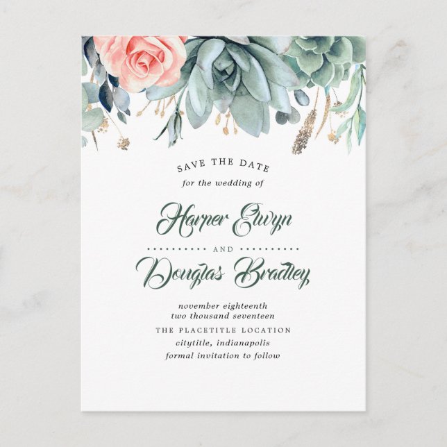 Sukulor och Rosa ros Botanical Save the Date Meddelande Vykort (Framsida)