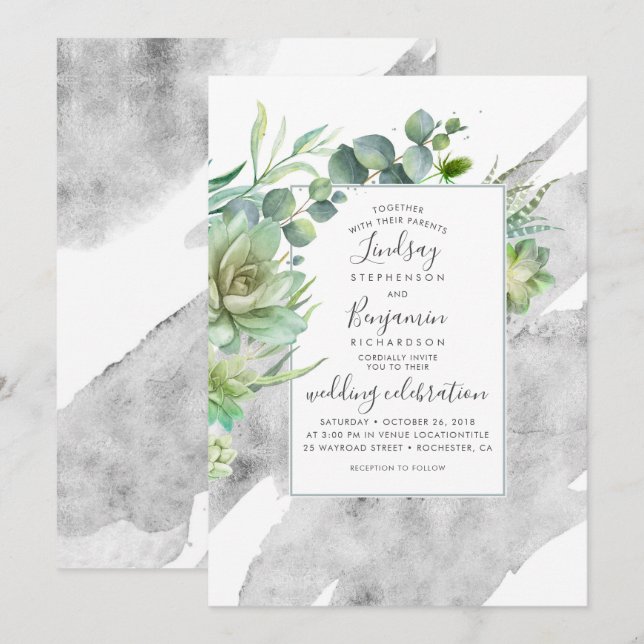 Sukulor och Silver Elegant Watercolor Bröllop Inbjudningar (Fram/baksida)