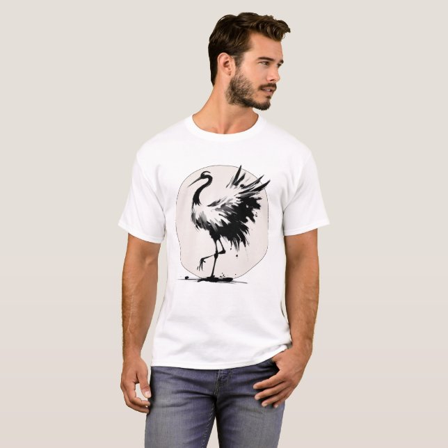 Sumi-e Crane-kort T Shirt (Hel framsida)