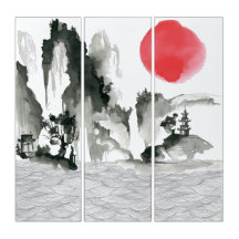 Sumi-e japanska målningsberg och solnedgång